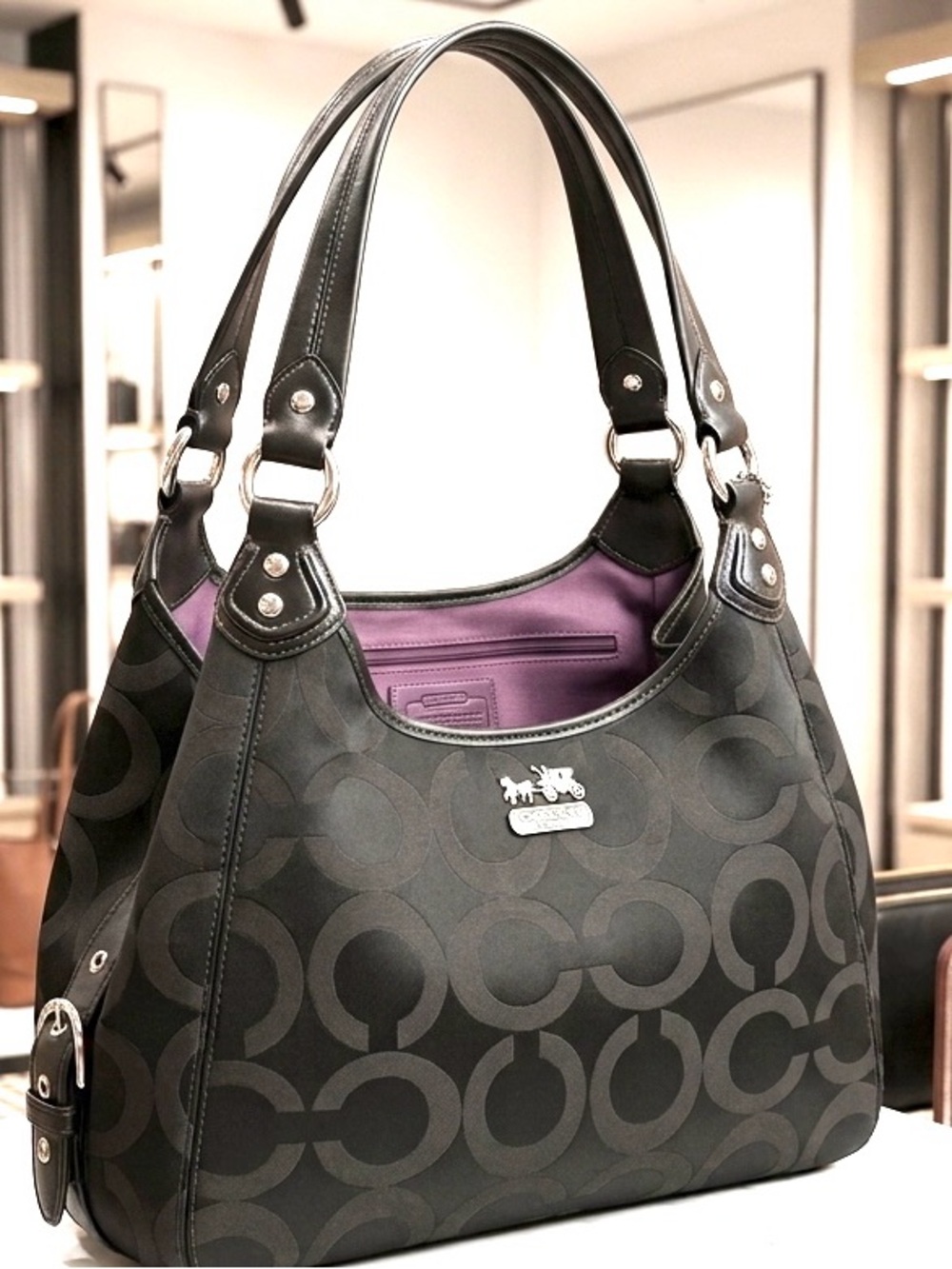 Coach Black Signature Jacquard Shoulder Bag with Silver Hardware